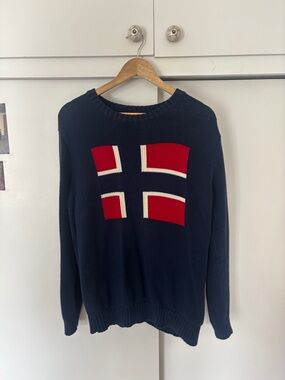 Brandy Melville Navy Crewneck Sweater with Red and White Flag Motif